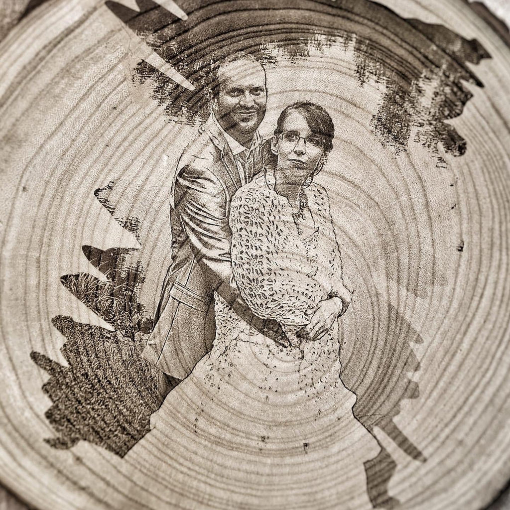 Gravure photo sur tranche de bois dia 20 cm