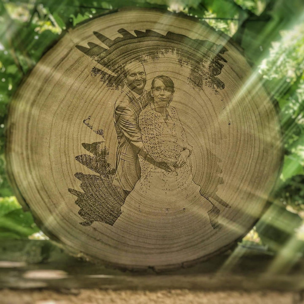 Gravure photo sur tranche de bois dia 20 cm